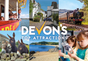 Devon's Top Attractions - collage of images including donkeys, a train and the beach. 
