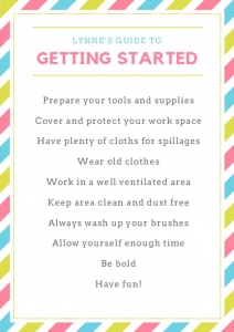 Upcycling guide 1:
'Lynne's guide to getting started.
Prepare your tools and supplies.
Cover and protect your work space.
Have plenty of cloths for spillages.
Wear old clothes.
Work in a well ventilated area.
Keep area clean and dust free.
Always wash up your brushes.
Allow yourself enough time.
Be bold.
Have fun!'