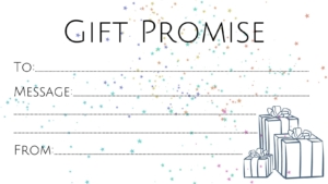 Gift Promise voucher template - blue birthday presents with multicoloured stars