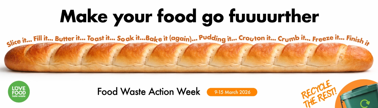 Image showing an elongated baguette with explanations of how to use it up, "Fill it, butter it, toast it, soak it, bake it (again), crouton it, crumb it, finish it, freeze it."