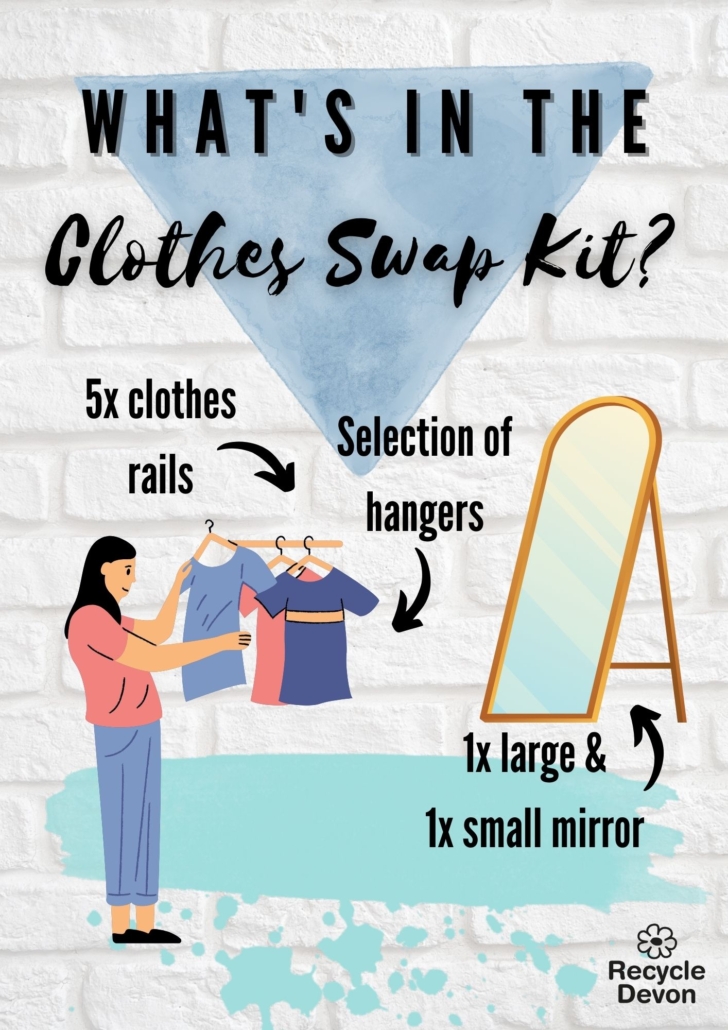 What's in the clothes swap kit? Five clothes rails, selection of hangers, one large and one small mirror.