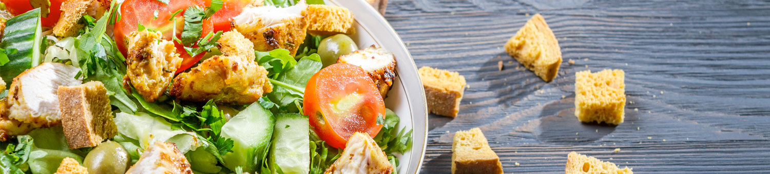 Chicken salad with garlic and parmesan croutons