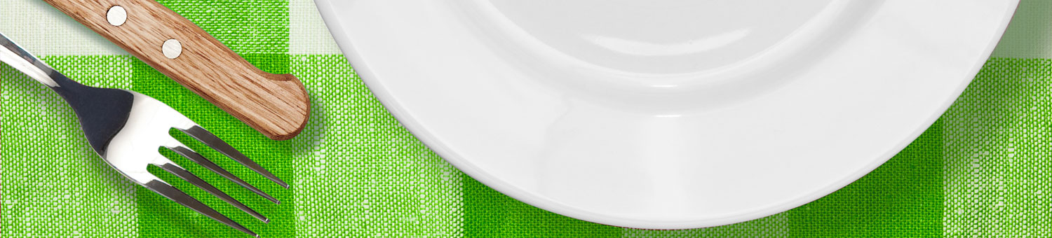 White dinner plate, with knife and fork on a green checked table cloth